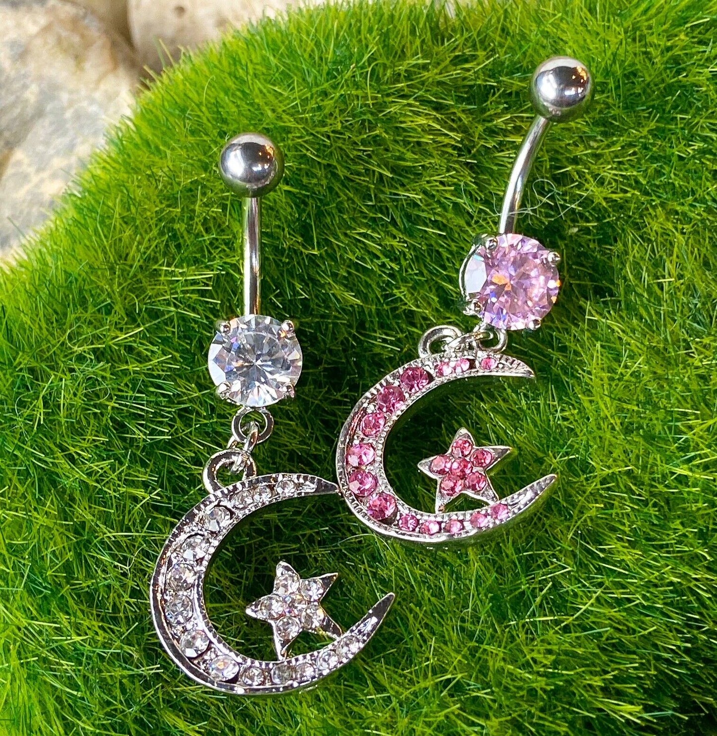 Moon Star Dangle Paved CZ Gem Belly Ring Pierced Navel Naval 14g