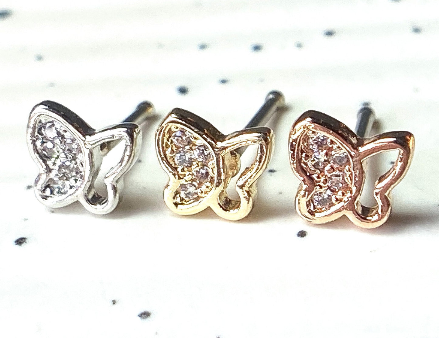 1pc CZ Paved Butterfly 20g Nose Ring Stud Bone 316L Surgical Steel