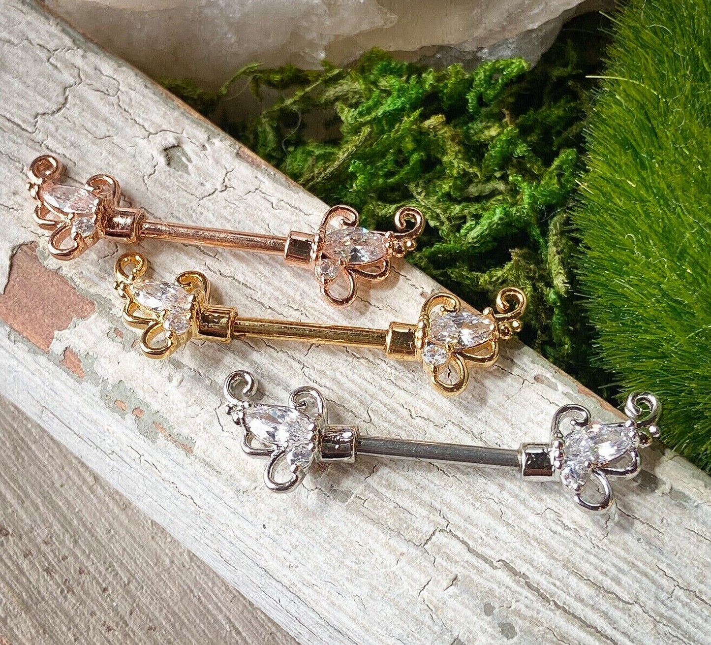 PAIR CZ Set Floral Filigree Nipple Rings Shields Pierced Body Piercing Jewelry