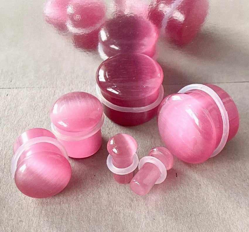 PAIR Pink Cat Eye Stone Plugs Single Flare Tunnels Earlets Gauges Body Jewelry