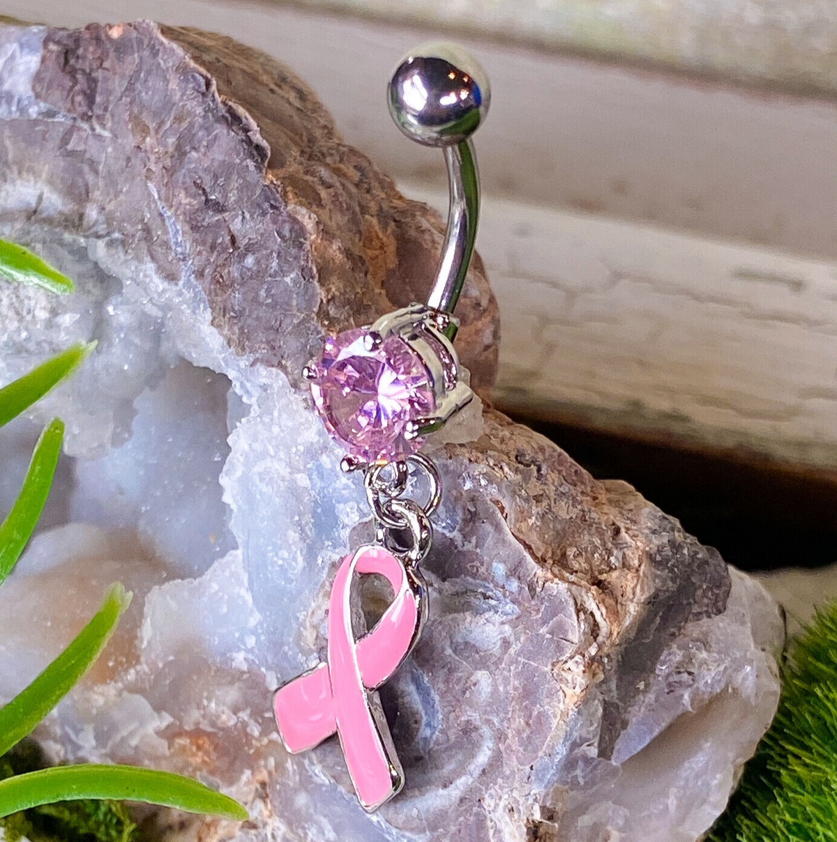 1pc Breast Cancer Awareness Pink Ribbon CZ Gem Belly Ring Pierced Navel Naval