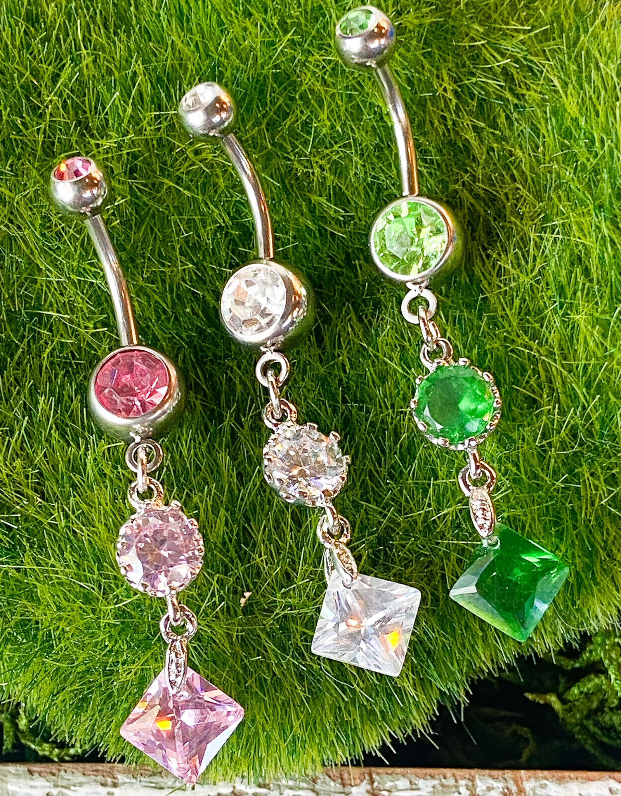 Vintage Princess Cut Press Fit Gem Belly Ring Navel Clear,Green,Pink,Tanzanite