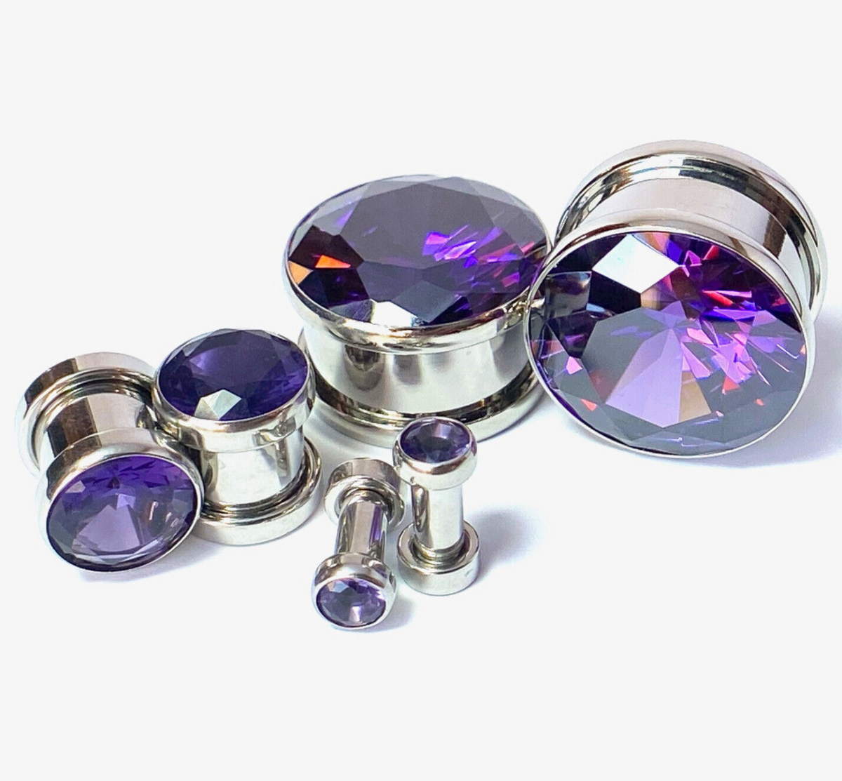 PAIR Large Purple Gem Screw Fit Tunnel Plugs Gauge Pierced Body Jewelry Piercing