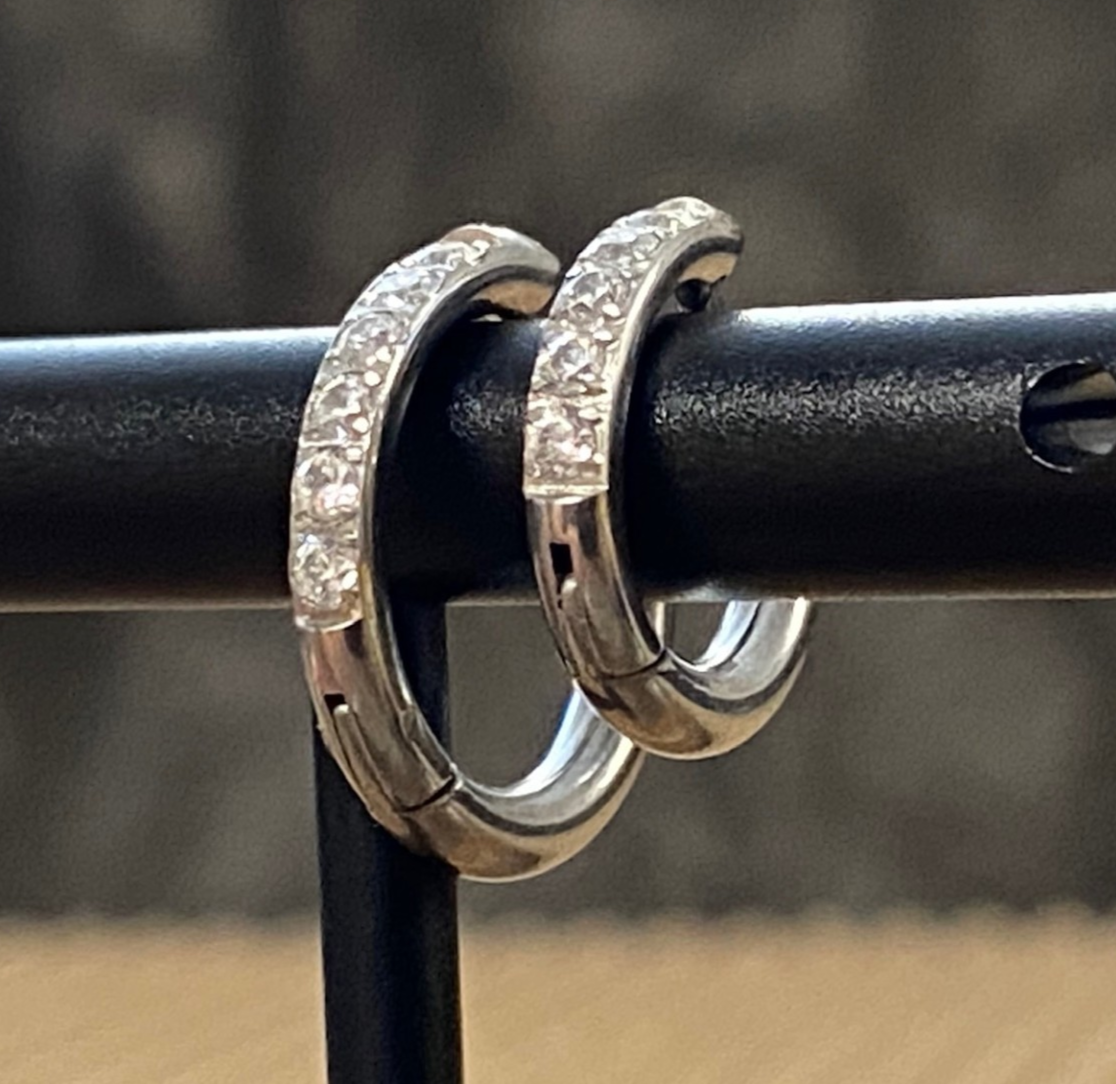PAIR CZ Gem Accented Hinged Hoop Earrings 316L Stainless Steel Hinge Action 18g