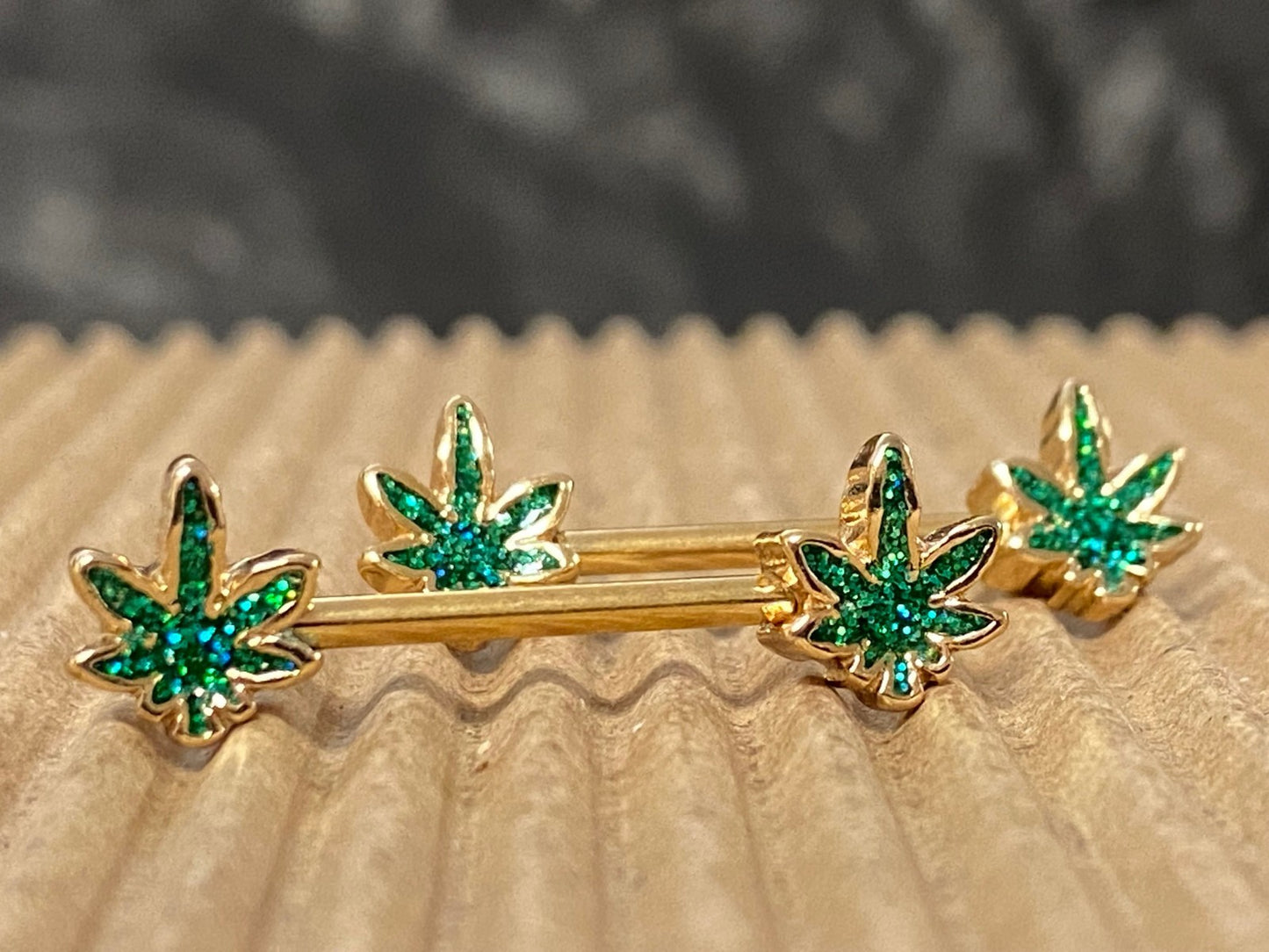 PAIR Glittery Marijuana Leaf Ends Nipple Rings Shields Barbells Pot Body Jewelry