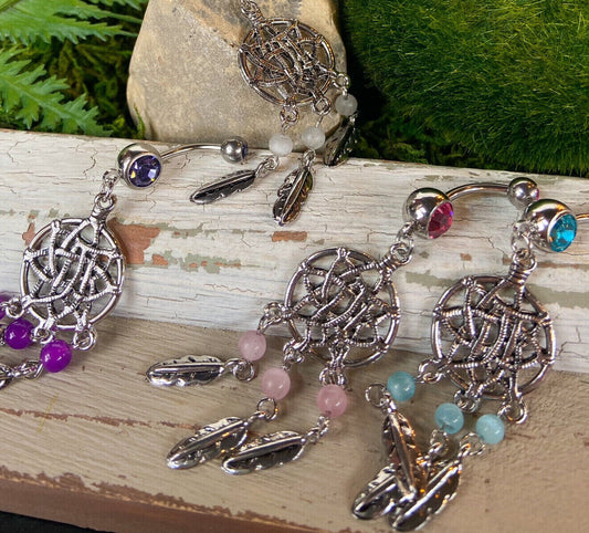 Dream Catcher Beaded Feather CZ Gem Belly Ring Navel Naval Clear, Pink, Aqua