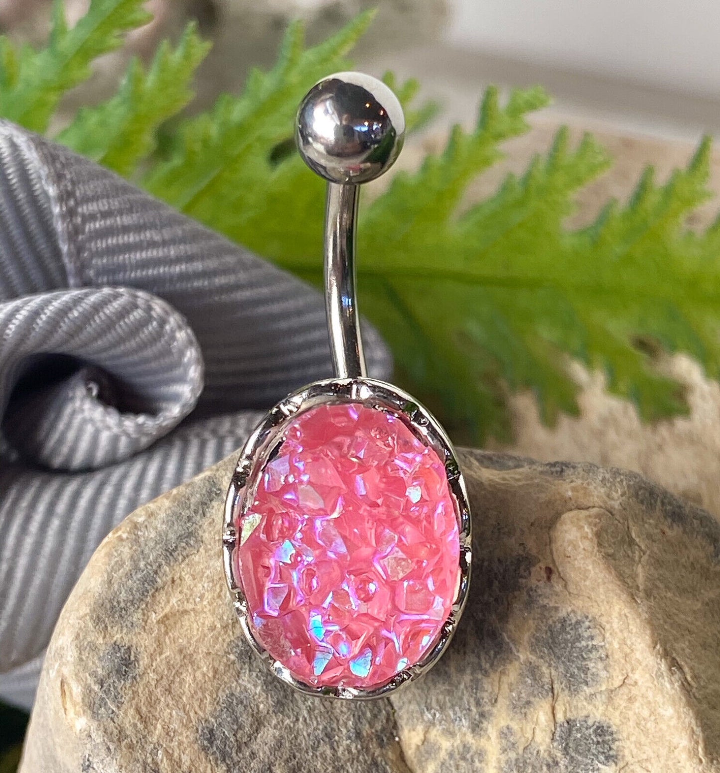Rough Cut Druzy Stone Iridescent Navel Ring Naval Belly Button Body Jewelry