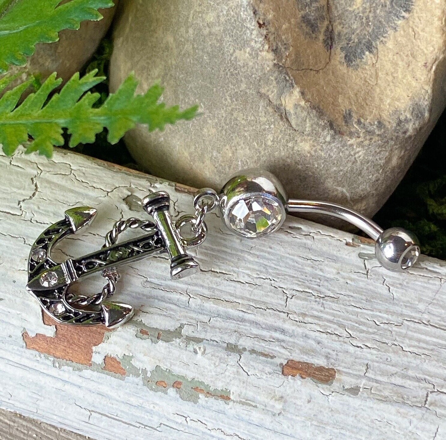 Anchor Dangle Belly Ring Pierced Navel Ship Nautical CZ Gem Clear, Pink, Aqua