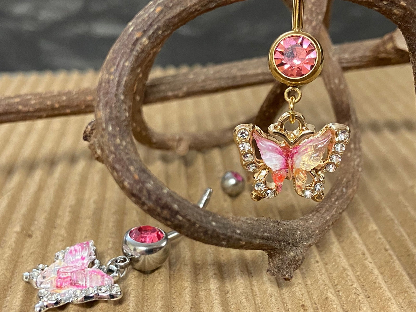 1pc Butterfly Double CZ Gem Belly Ring Navel Piercing Pierced Naval Body Jewelry