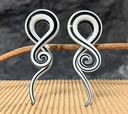 PAIR Black & White Glass Tentacle Spiral Hanging Tapers Expanders Plugs Gauges