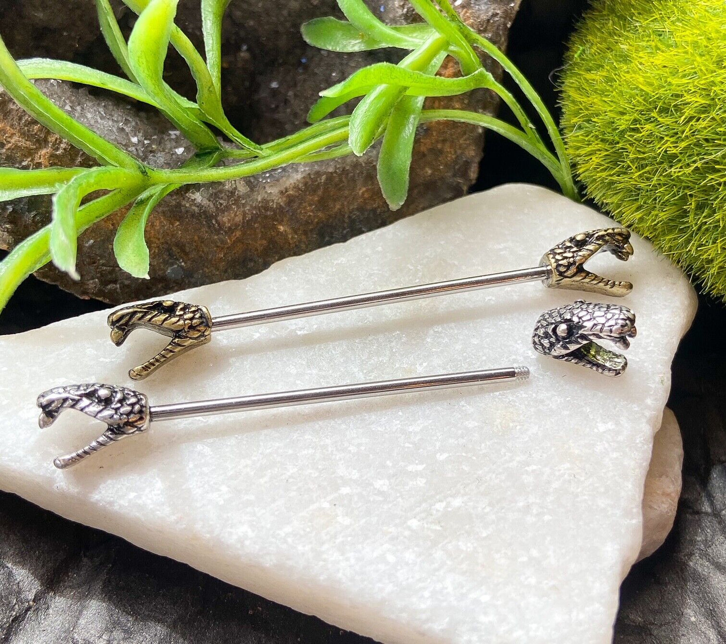 1pc Steel Industrial Barbell with Hissing Snake Heads 14g, 1.5" 38mm 1&1/2"