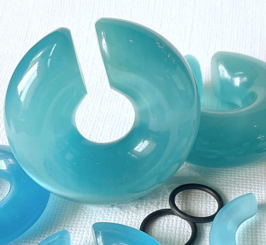 PAIR Light Blue Cat Eye Stone Hoop Taper Hanger Ear Weight Plug Gauge Tunnel