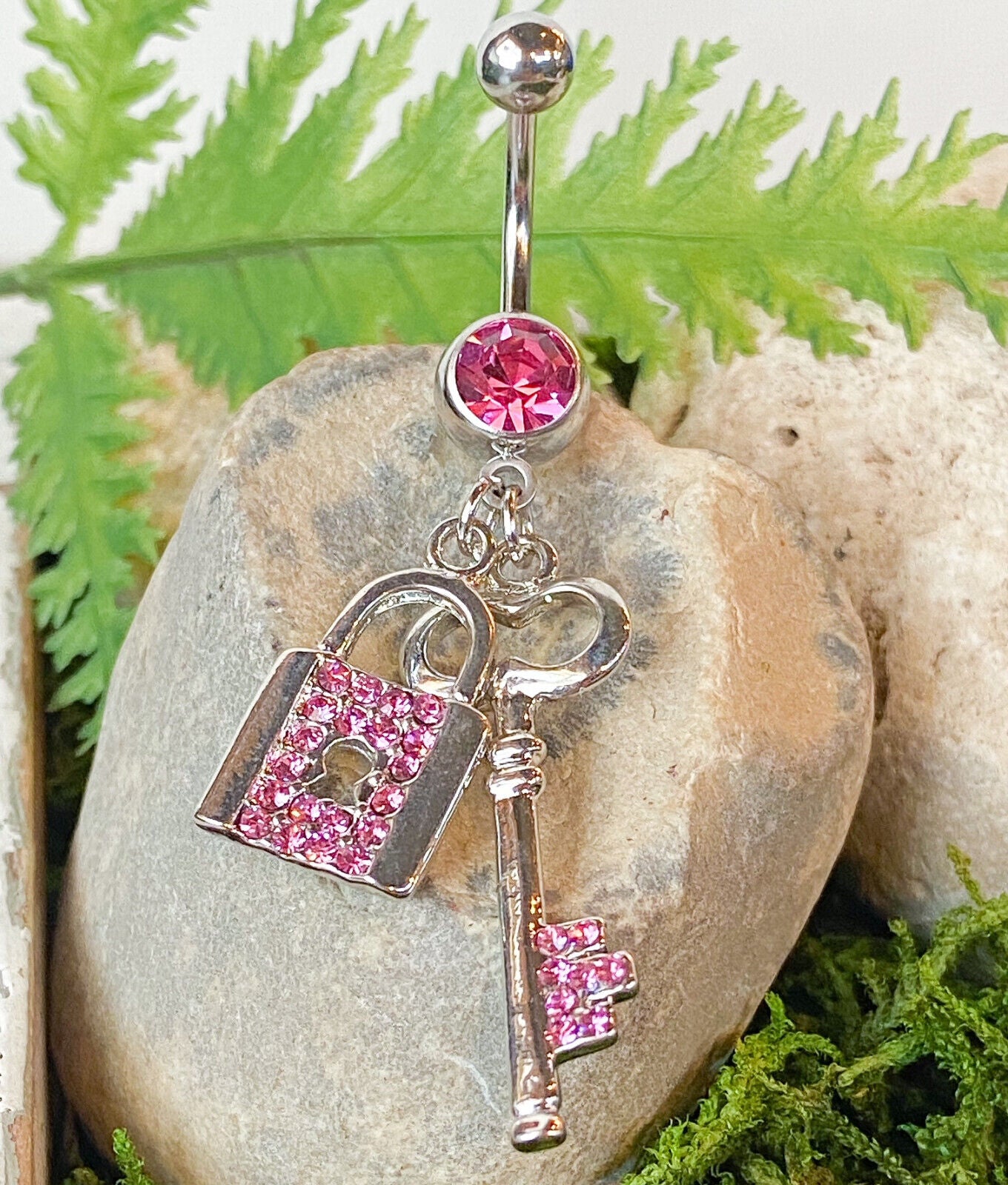 Paved Lock & Key CZ Gem Belly Ring Navel Naval Clear, Pink, Aqua