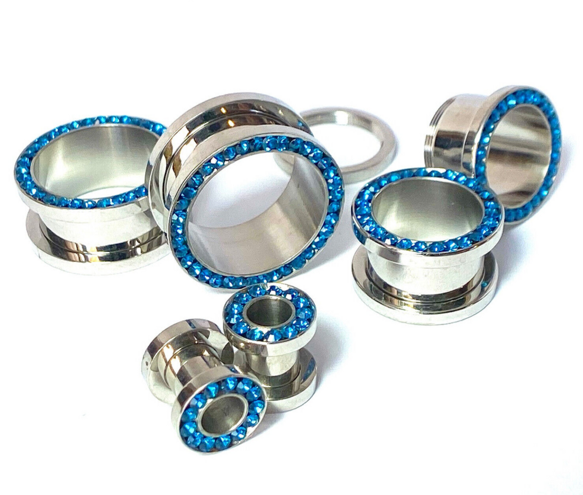 PAIR Sapphire Blue Gem Rimmed 316L Surgical Steel Screw Fit Tunnels Plugs Gauges
