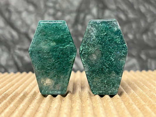 PAIR Mossy Glass Stone Double Flare Coffin Shaped Plugs Gauges Body Jewelry