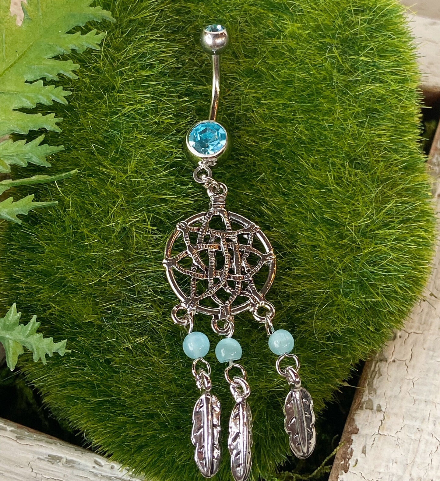 Dream Catcher Beaded Feather CZ Gem Belly Ring Navel Naval Clear, Pink, Aqua