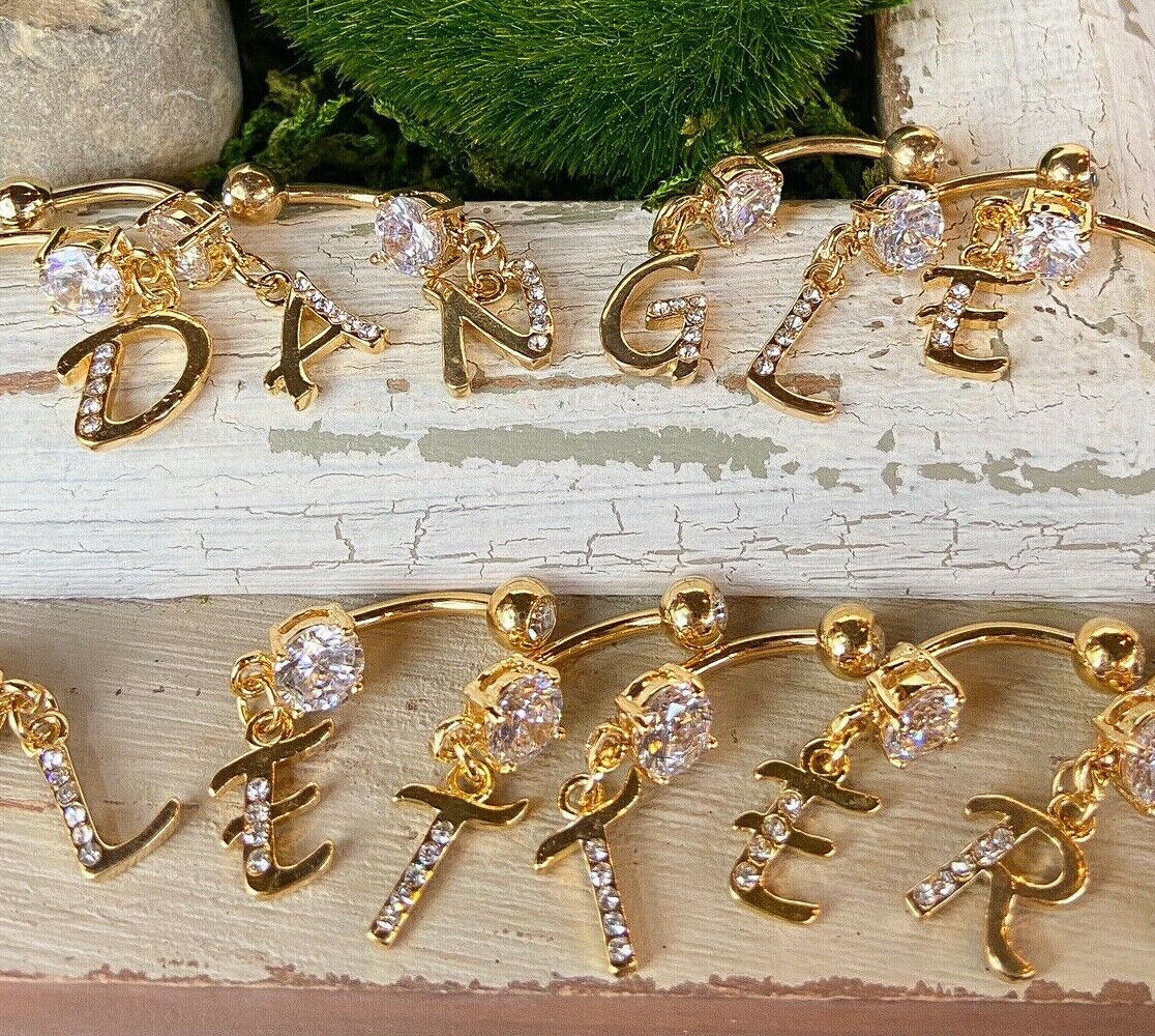 14kt Gold Plated Initial Dangle Belly Ring Naval Navel Letter Body Jewelry