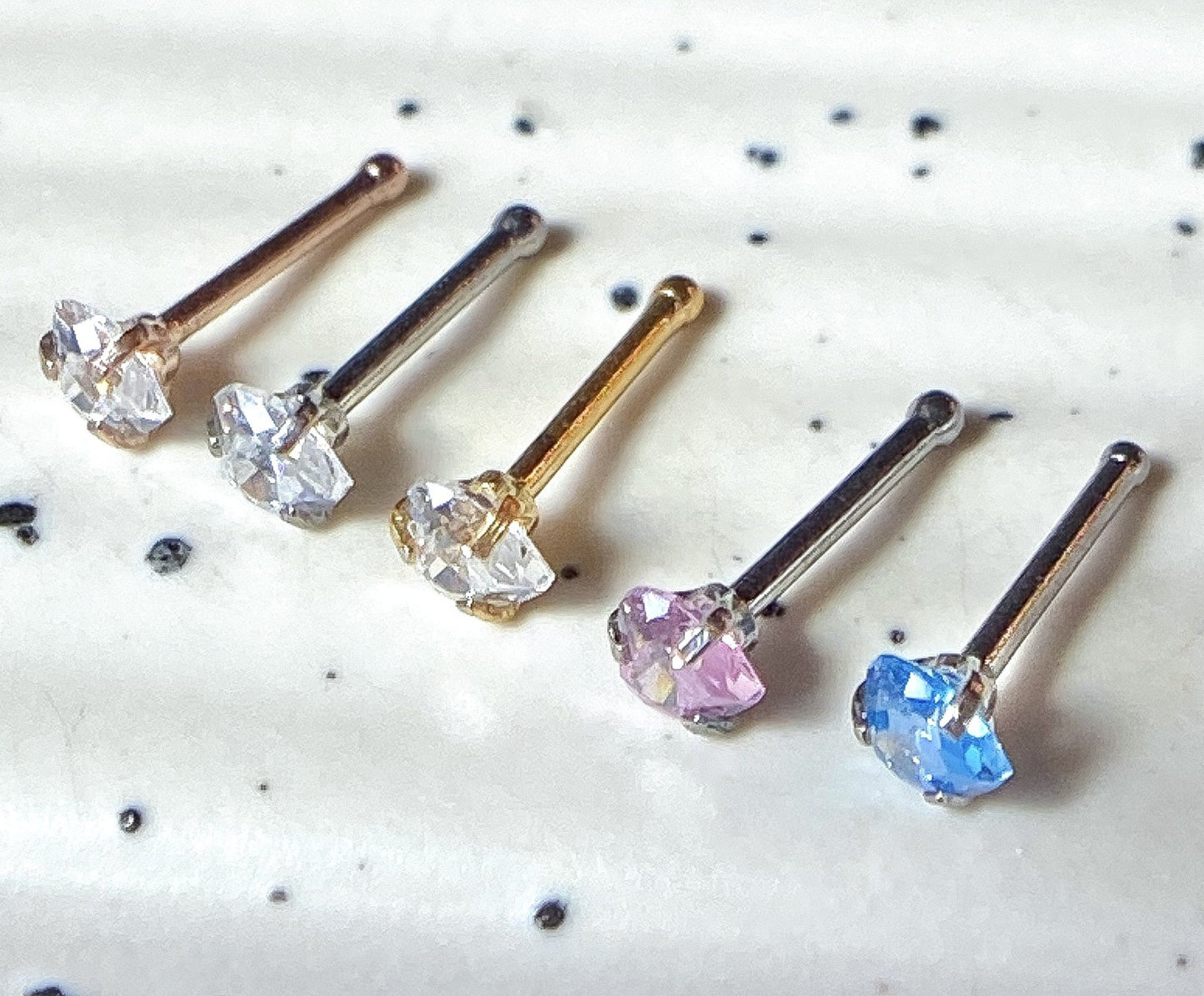 5pcs Prong Set Heart Gem Nose Ring Studs Bones 316L Surgical Steel Body Jewelry