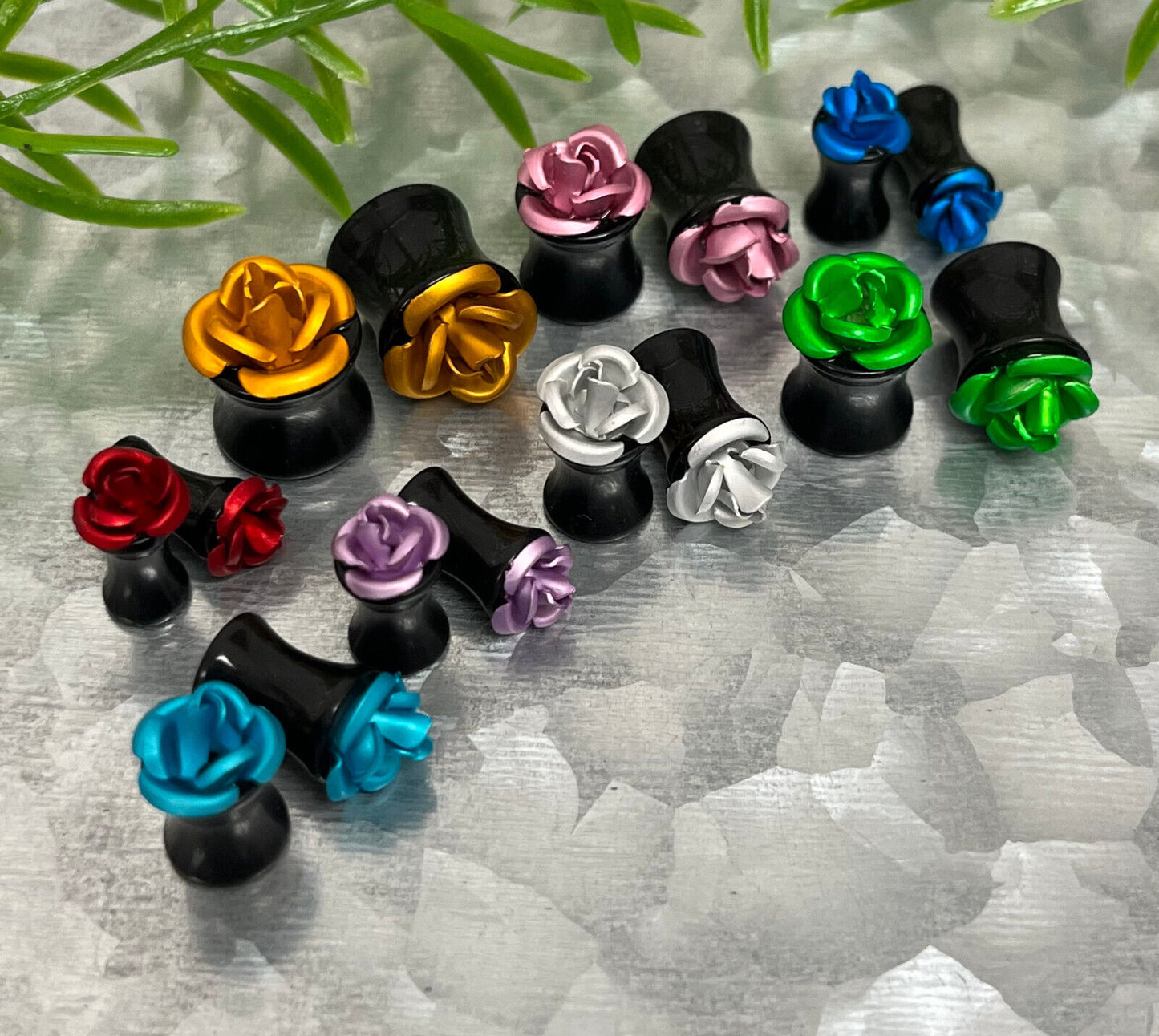 PAIR Acrylic Plugs w/ Metal Rose Gauges Tunnels Earlets Body Jewelry