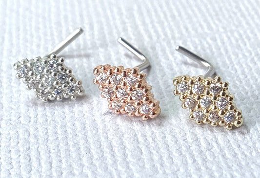 1pc CZ Paved Rhombus-Shaped L-Bend 20g Nose Ring Stud Screw 316L Surgical Steel
