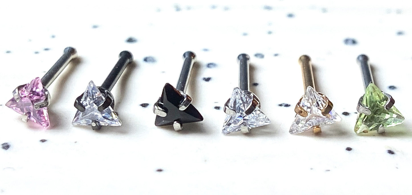 1pc Triangle CZ Gem Top 20g Nose Ring Stud Bone 316L Surgical Steel