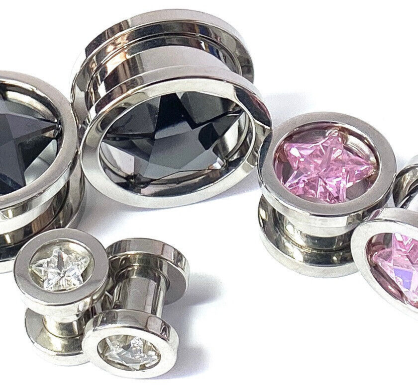 PAIR Star CZ Gem Screw Fit Tunnels Plugs Gauges Earlets Body Jewelry Piercing