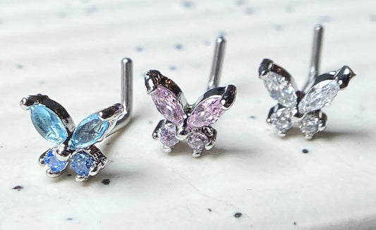3pc Value Pack L-Bend CZ Gem Butterfly 20g Surgical Steel Nose Rings
