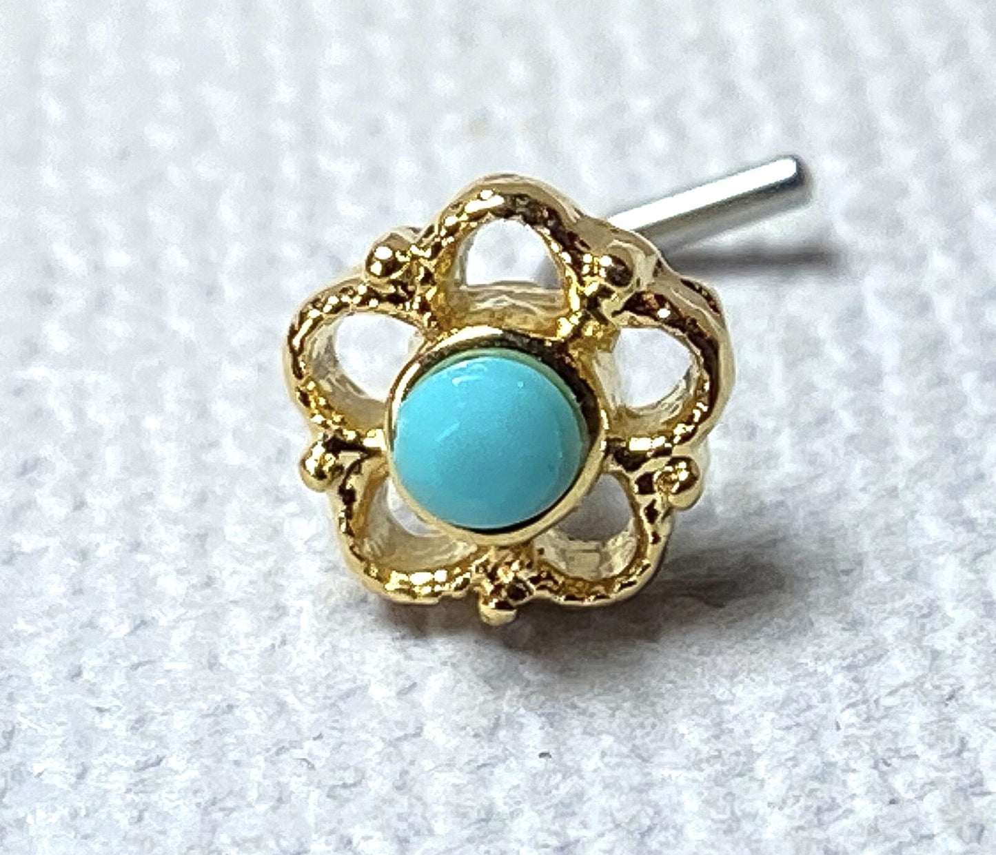 1pc Filigree Flower w/Turquoise Stone Center 20g L-Bend Nose Ring Stud Screw