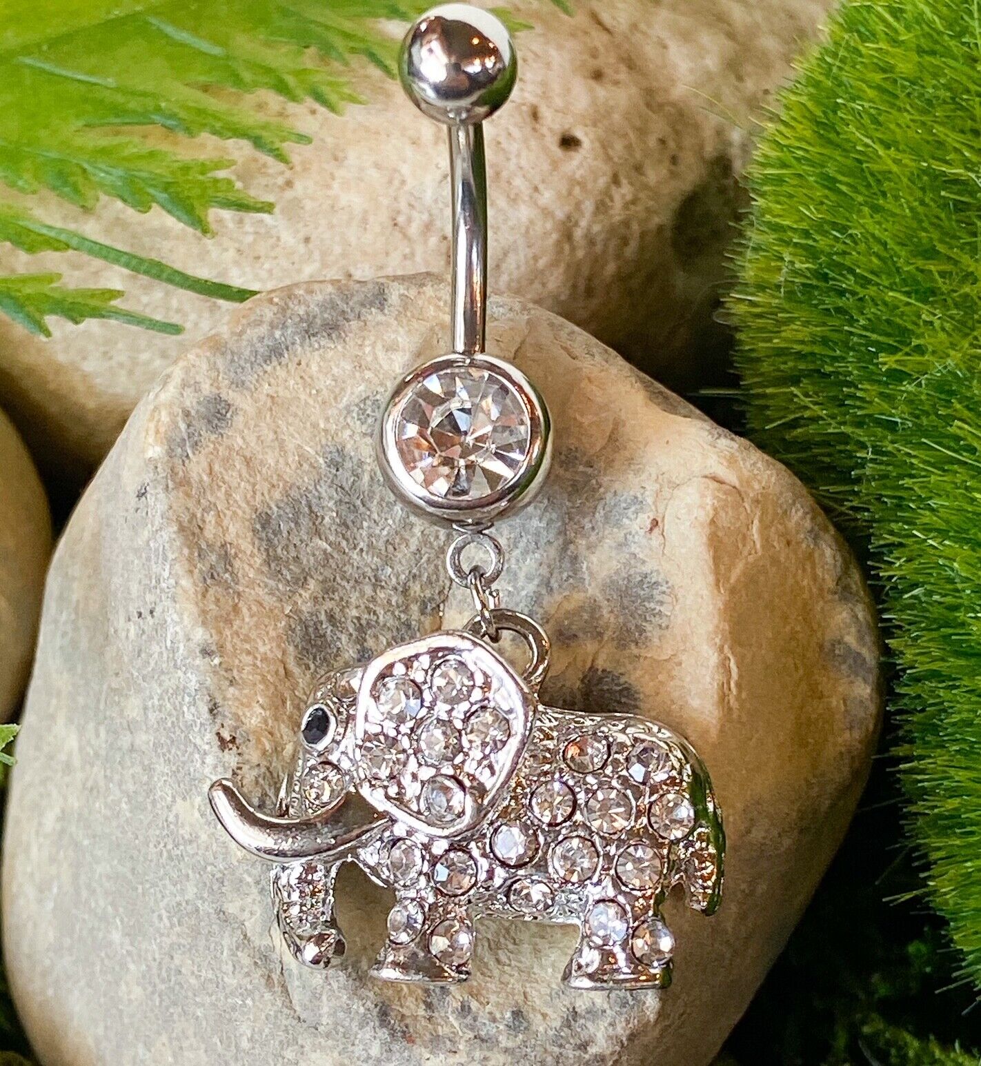 Elephant Dangle Belly Ring Paved CZ Gems Pierced Navel Naval Tusk 14g