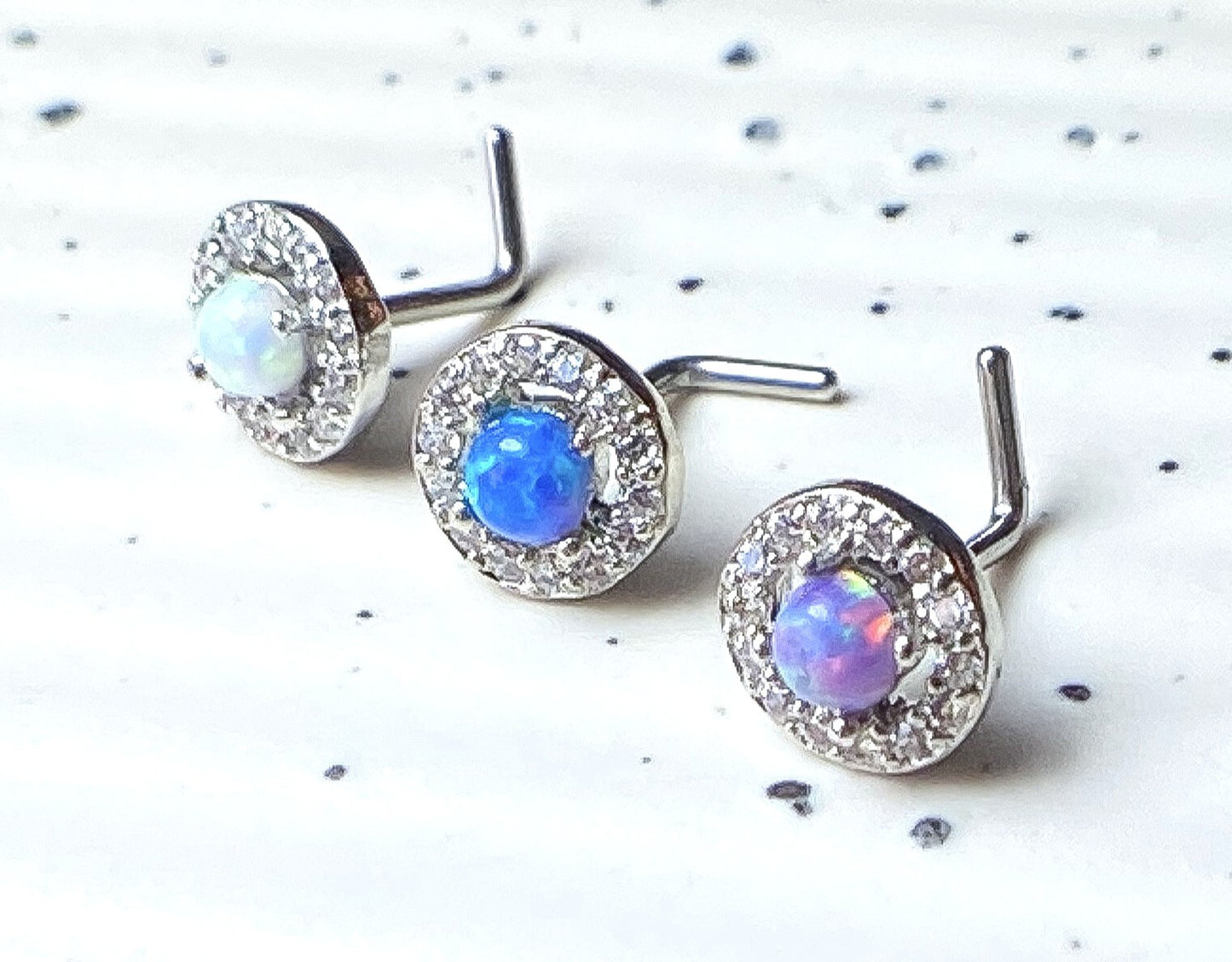 1pc CZ Gem Circle w/ Opal Dome Center L-Bend 20g Nose Stud Screw Ring