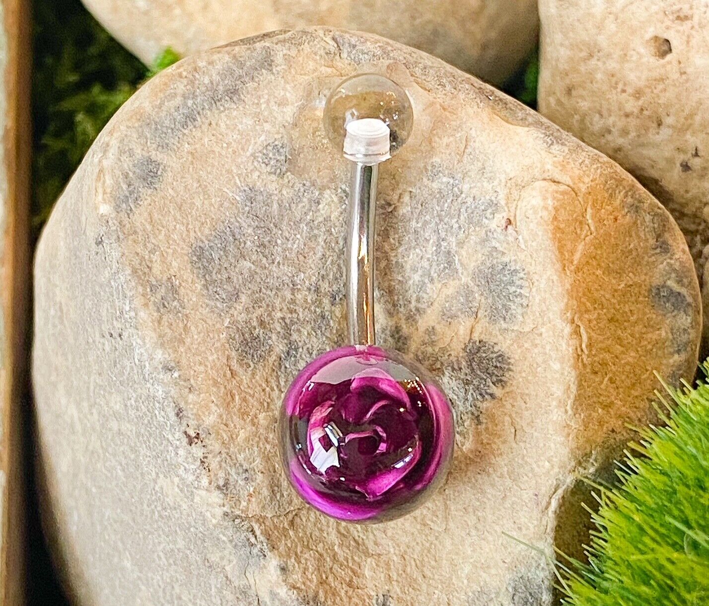 1pc Encased Metal Rose Flower UV Ball Belly Ring Navel Piercing Pierced Naval