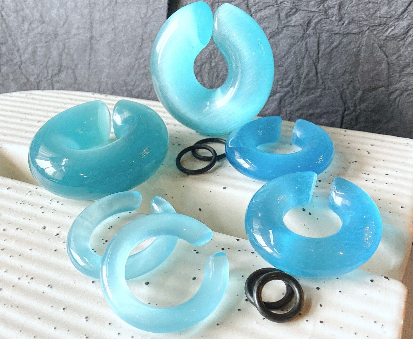 PAIR Light Blue Cat Eye Stone Hoop Taper Hanger Ear Weight Plug Gauge Tunnel