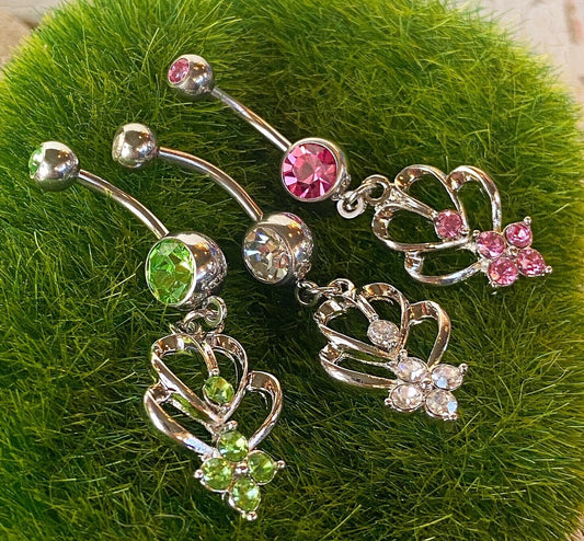 Double Heart Shrine Gem Belly Ring Navel Green, Pink, Red, Aqua, Purple