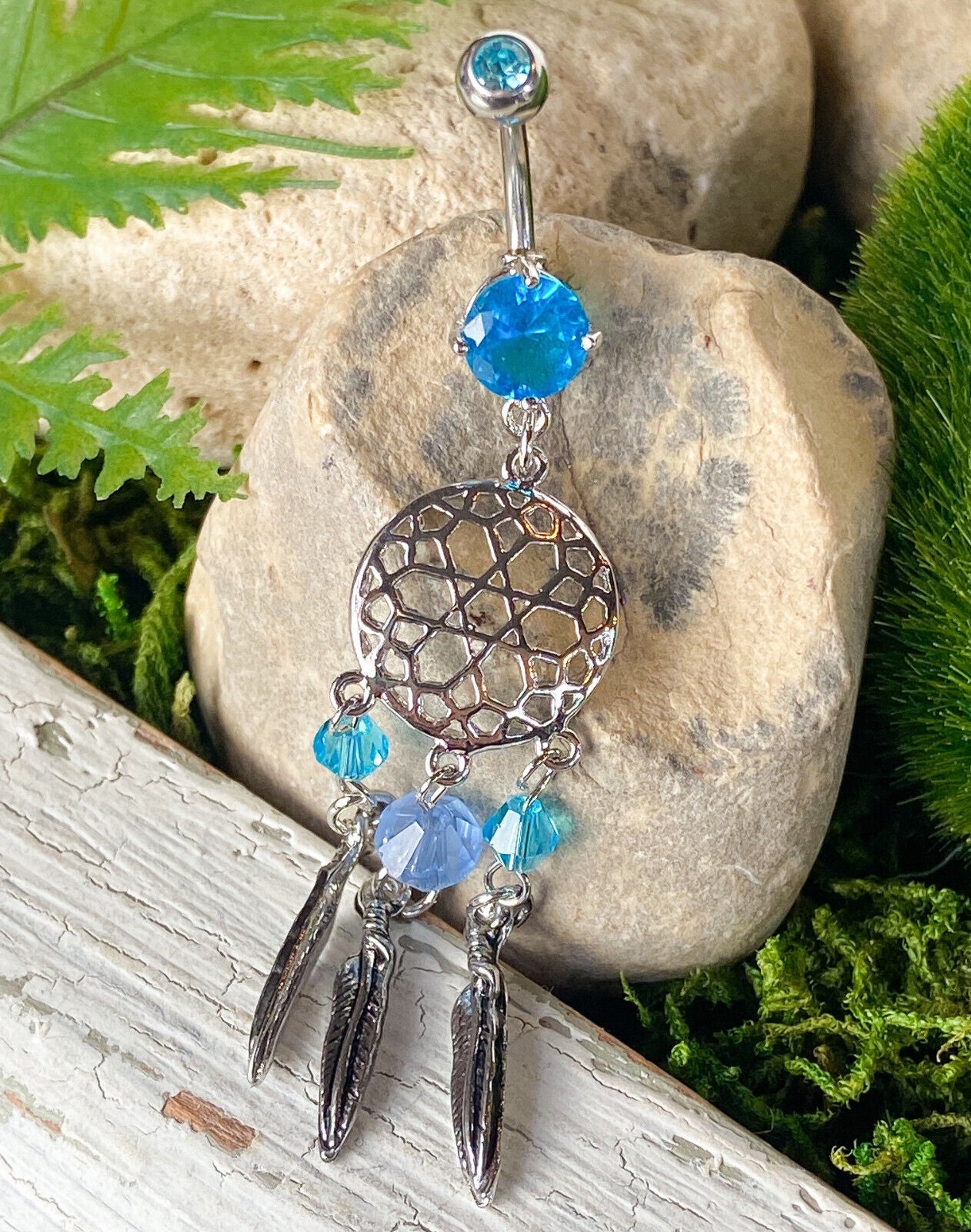 Dream Catcher Beaded Feather CZ Gem Belly Ring Pierced Navel Clear, Pink, Aqua