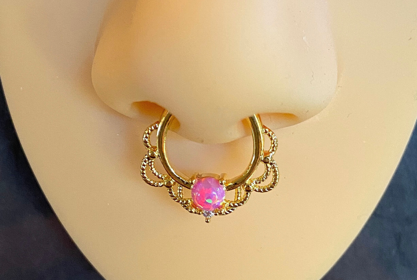 1pc NON-Pierced 14k Gold Plated Lacey Single Opal Septum Fake Clip-on Nose Ring