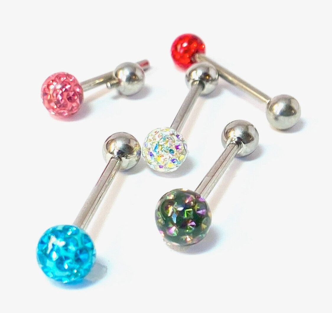 1pc Epoxy Coated Crystal Paved Ball Internally Threaded 16g Tongue Ring Barbell