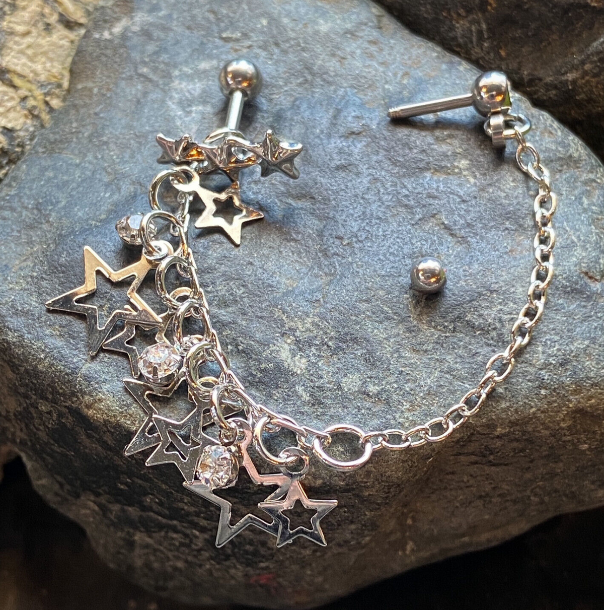 Triple Star Steel Chain Linked Stars Tragus Ring with Cartilage Helix Barbell