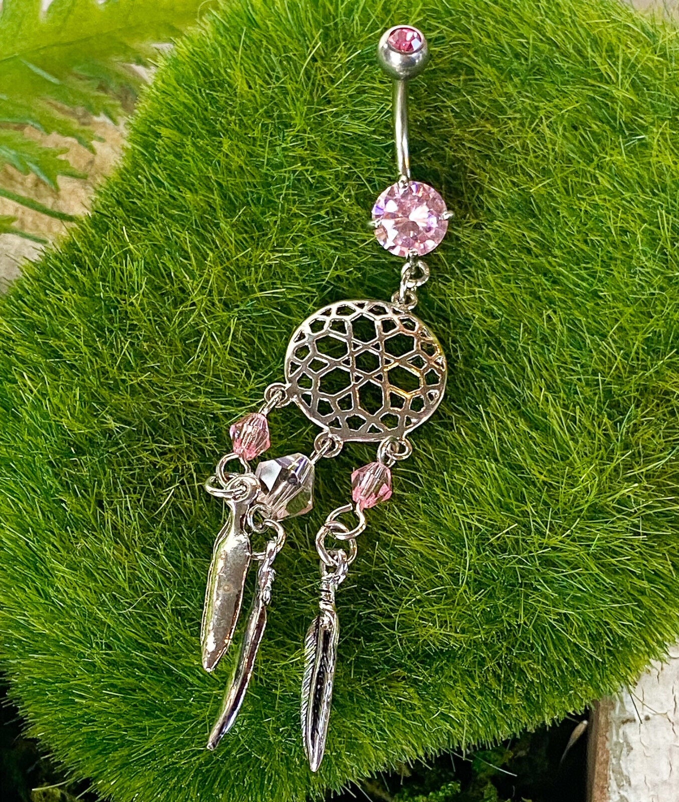 Dream Catcher Beaded Feather CZ Gem Belly Ring Pierced Navel Clear, Pink, Aqua