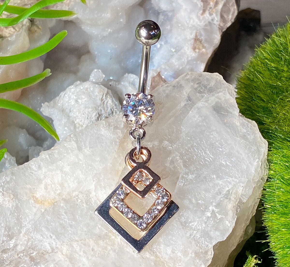  3 Tone CZ Clear Gem Dangle Belly Ring Navel (w169)