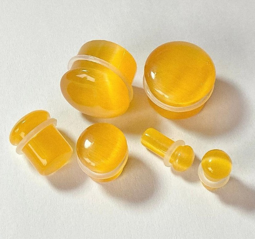 PAIR Yellow Cat Eye Stone Plugs Single Flare Tunnels Earlets Gauges Body Jewelry