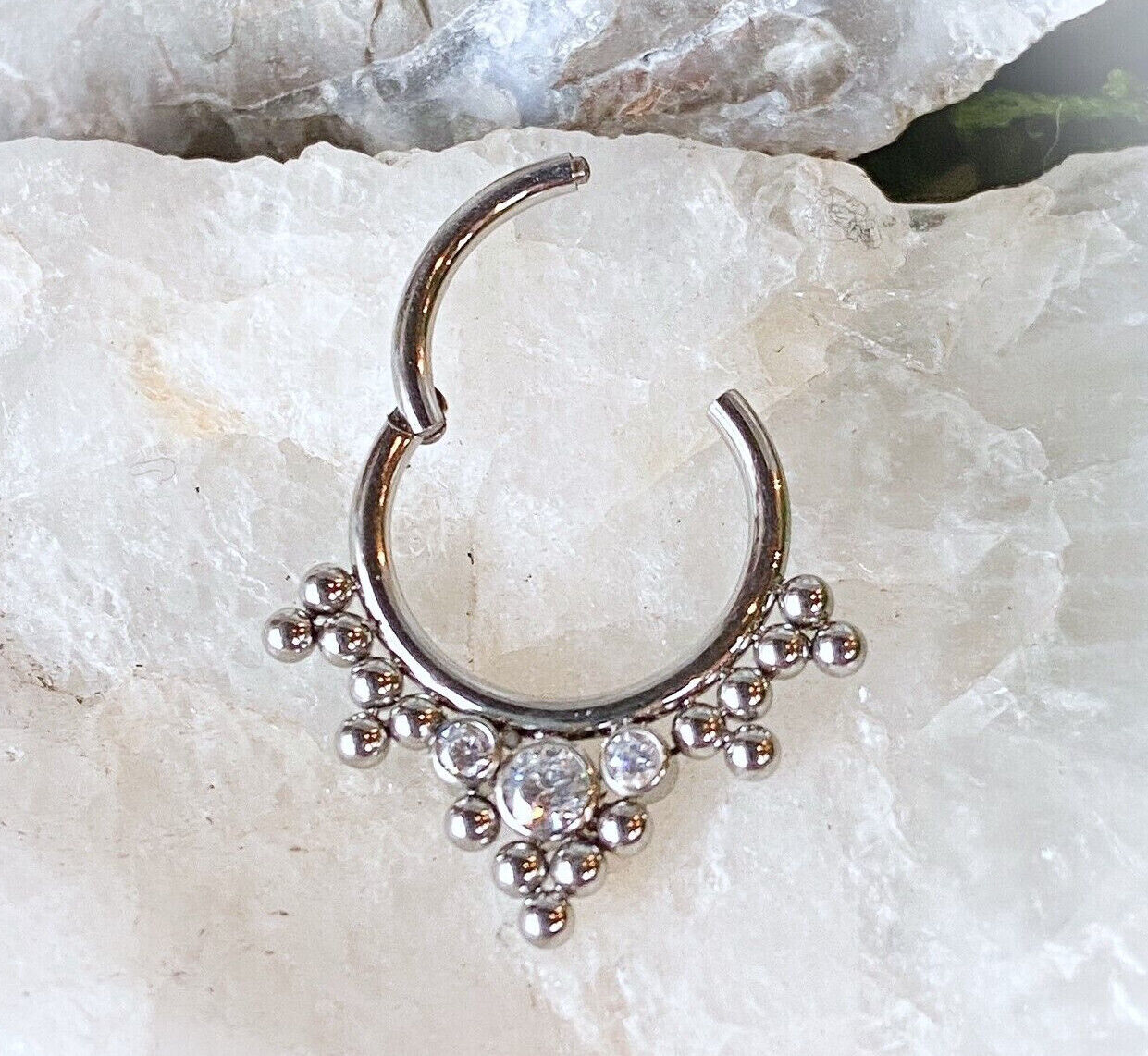 1pc Solid Titanium 3 Gems & Beads Hinged Segment Ring Helix Septum Clicker