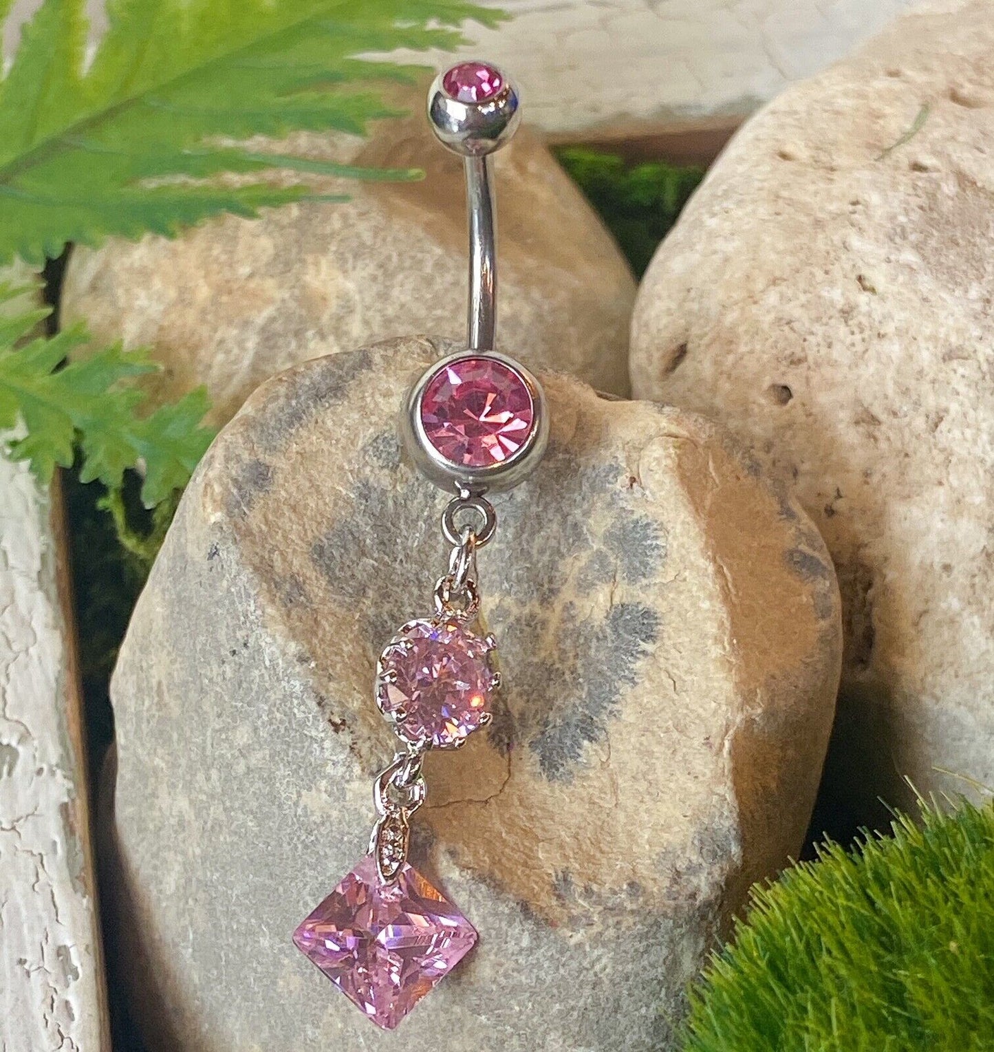 Vintage Princess Cut Press Fit Gem Belly Ring Navel Clear,Green,Pink,Tanzanite