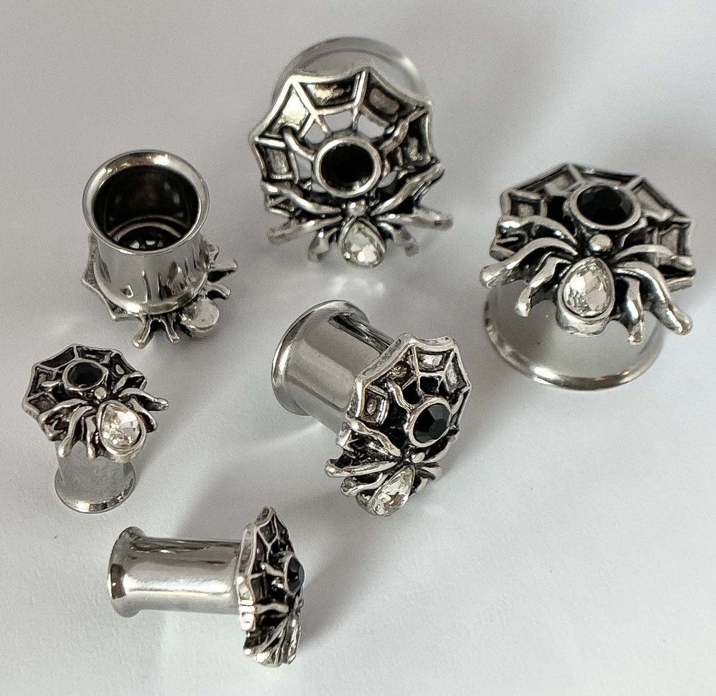 PAIR Gem Body Spider on Web Steel Double Flare Tunnels Plugs Earlet Gauges