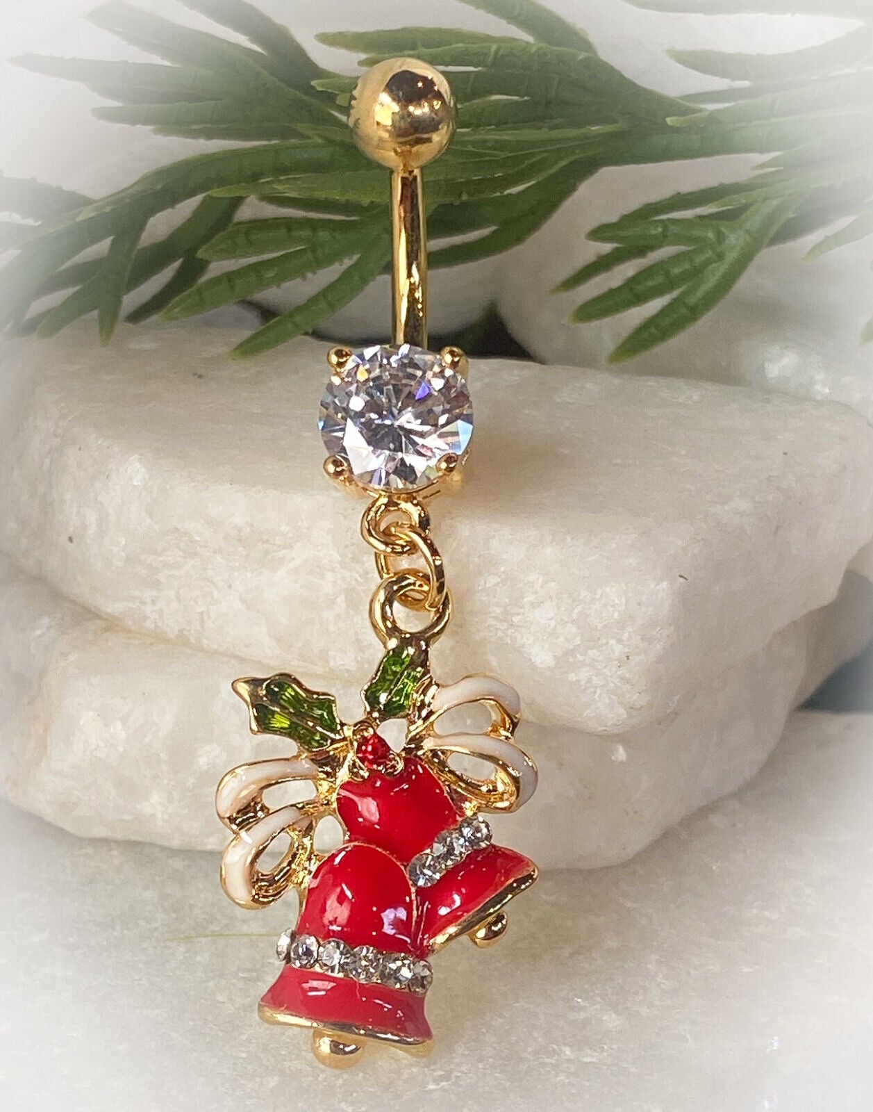 Christmas Dangle Belly Ring Pierced Navel Holiday Surgical Steel 14k Gold IP