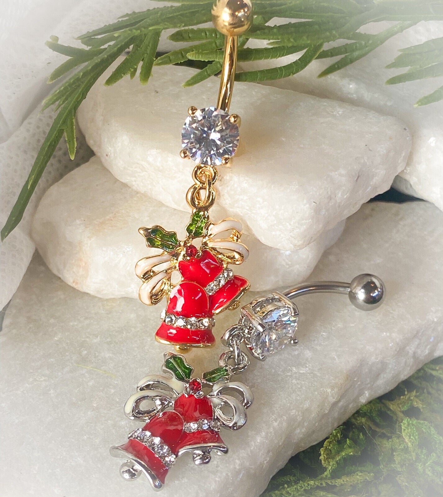Christmas Dangle Belly Ring Pierced Navel Holiday Surgical Steel 14k Gold IP