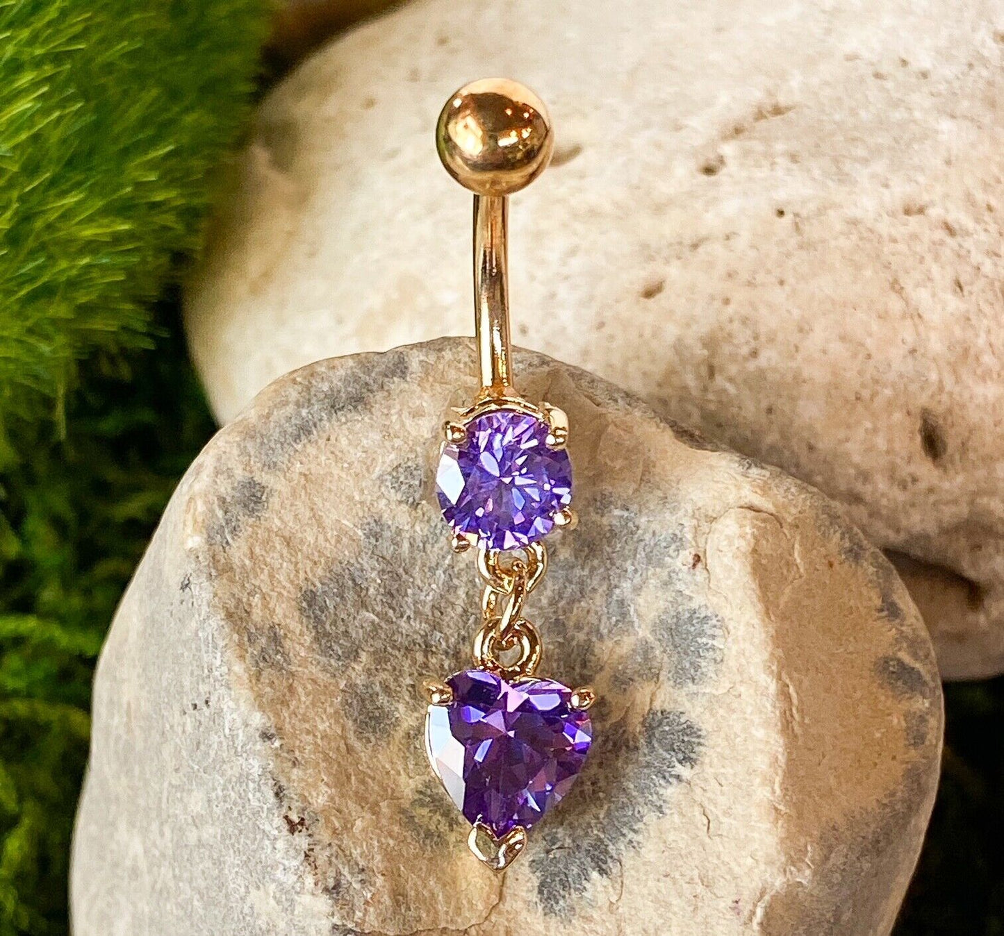 Gold Heart CZ Gem Belly Ring Navel Naval Clear, Pink, Tanzanite