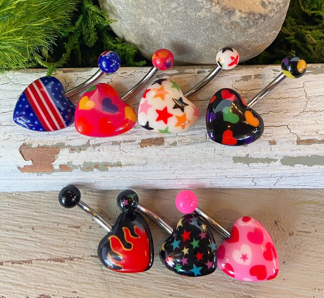 Acrylic Heart Belly Ring Navel Naval Print Black,White, Pink, Blue Stars Cherry