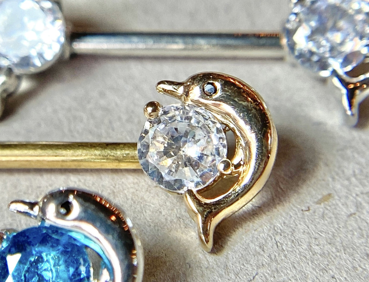 PAIR Dolphin Gem Ends Nipple Rings Shields Barbells Body Jewelry
