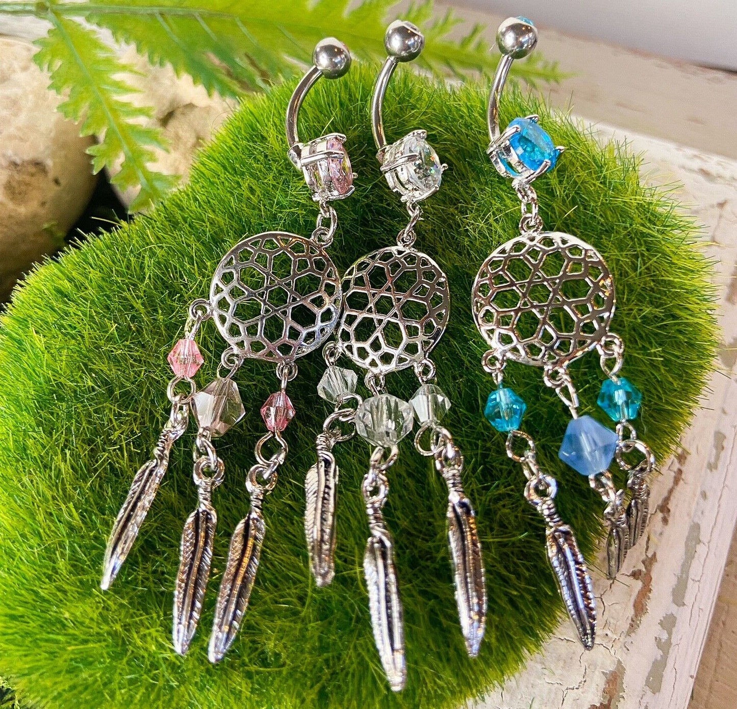 Dream Catcher Beaded Feather CZ Gem Belly Ring Pierced Navel Clear, Pink, Aqua