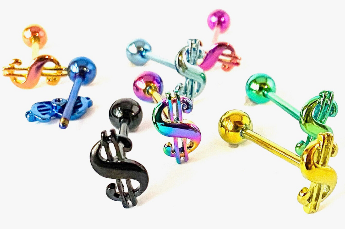 1pc Money $ Dollar Sign Design Tongue Ring Titanium Anodized 14g Tounge Barbell